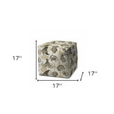 17" Beige and Gray Polyester Cube Coastal Indoor Outdoor Pouf Ottoman